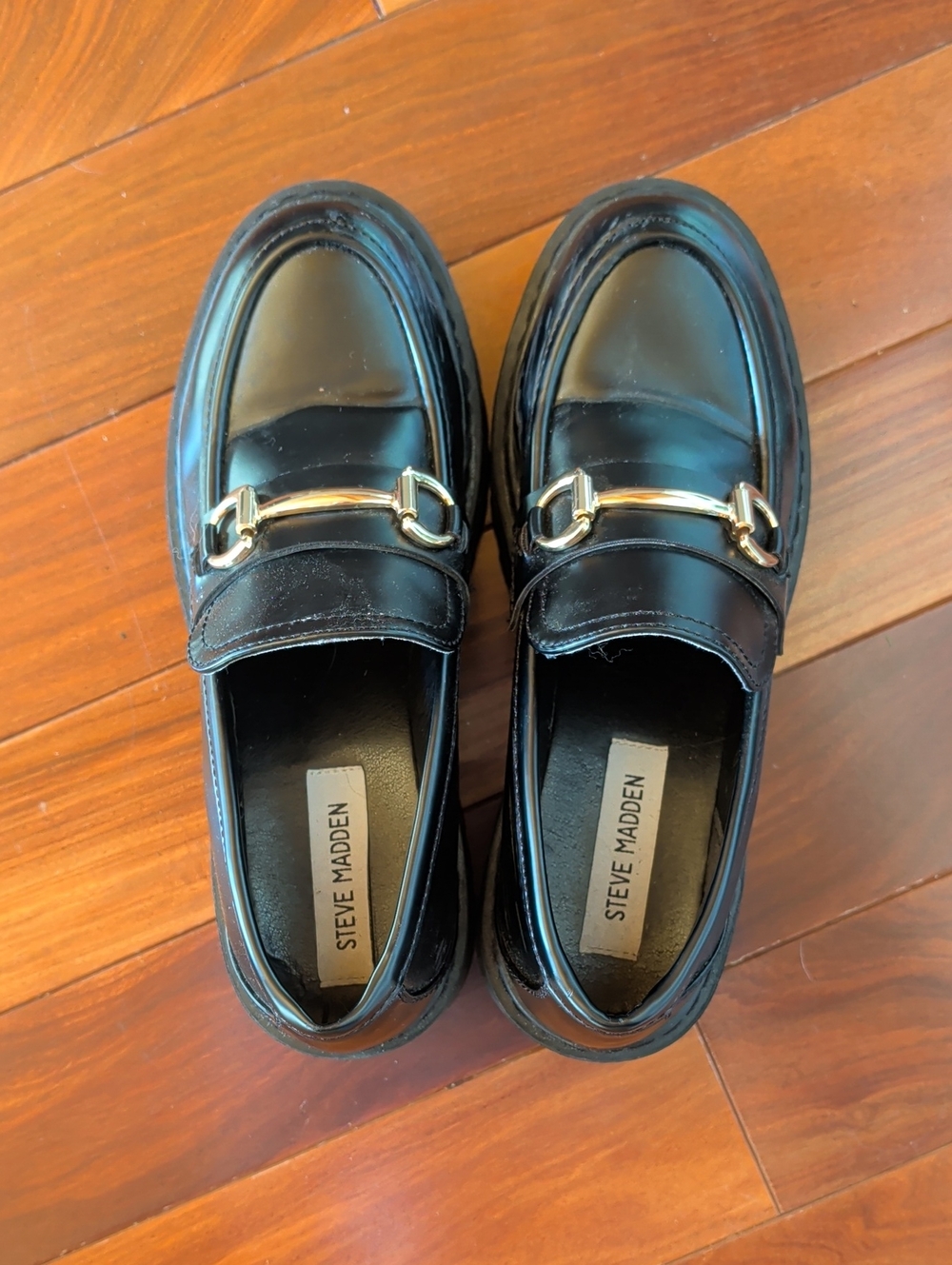 Steve Madden Black Leather Loafers with Gold Bit